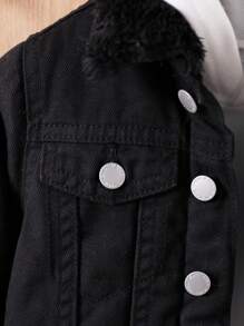 SHEIN Veste en denim doublée thermique mignonne noire à manches longues avec col châle pour bébés garçons, pour les tenues d'intérieur/extérieur des bébés garçons en automne/hiver