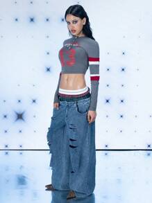 FREAK CITY Designer Women Printed Half Button Cropped Top, Casual Street Dark Gray T-Shirt, Graphic Tees, For Holiday, Vacation, Spring, Going Out, Festival, Ibiza Fits