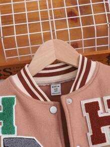 Tween Girls Woolen Blend Patchwork Applique Casual College Style Baseball Jacket, Fashion Streetwear - Khaki - View 3