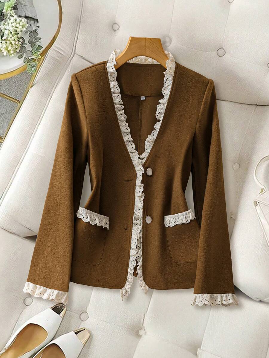 Seusyu Women's Casual Elegant Contrast Trim Single Breasted Dual Pocket Jacket, Autumn Fall Cloth For Women - Khaki - View 1