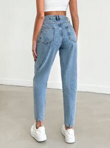EURMUSE Petite High Waist Snow Wash Mom Jean - Mediumtvätt - Visa 2
