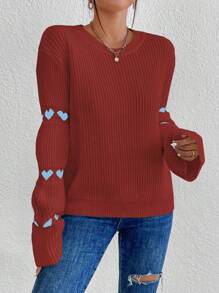 SHEIN Unity Suéter holgado de punto acanalado con patrón de corazón, suéter de punto informal para otoño/invierno - Color caoba - Ver 6