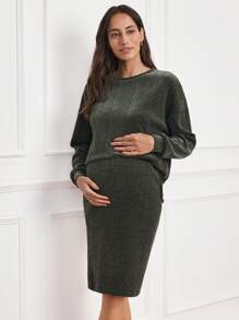 SHEIN Bộ 2 áo bầu cổ tròn trễ vai và chân váy bó sát eo có thể điều chỉnh màu trơn, Thu/Đông - xanh quân đội - Xem 3