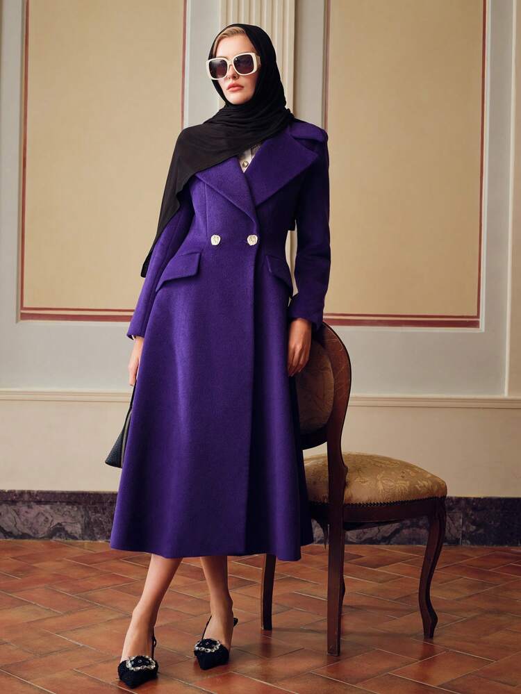 ZEYLAH WOOL SOLID LAPEL COLLAR FLAP DETAIL DOUBLE BUTTON PLACKET OVERCOAT