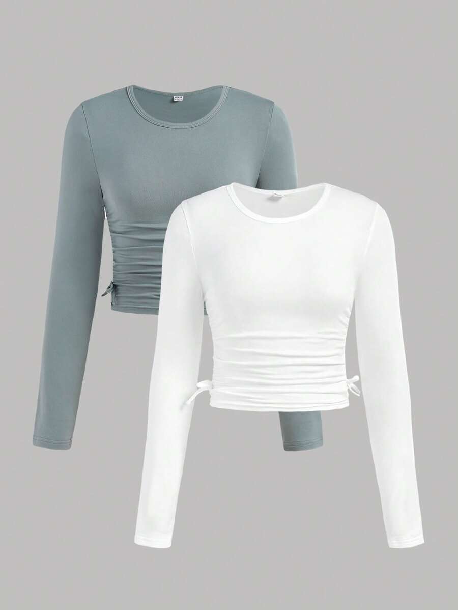 SHEIN 2pcs/Set Teen Girl Solid Color Crewneck Ruched Casual Long Sleeve T-Shirt - White - View 1