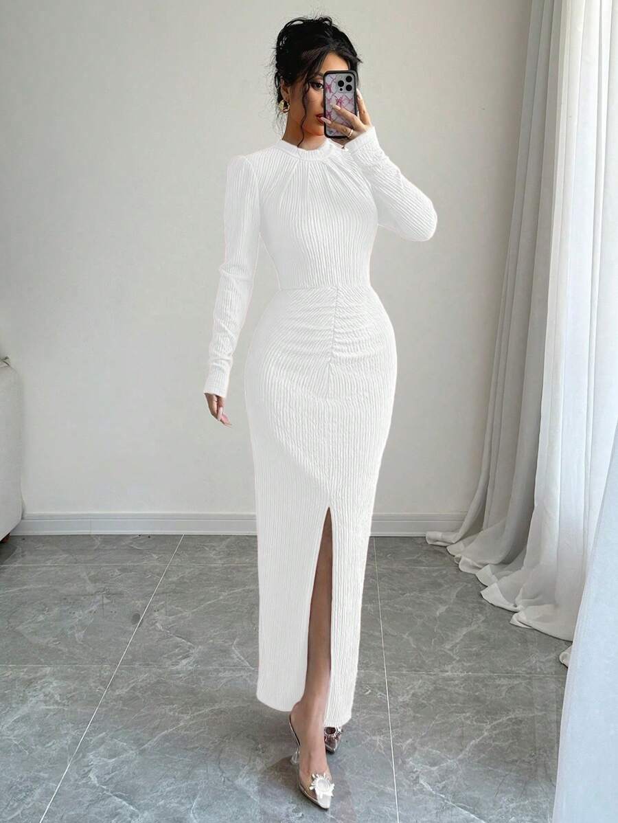 Elenzga 1pc Solid Color Stand Collar Split To Thigh Ruched Long Sleeve Dress Maxi Women Outfit - White - View 1