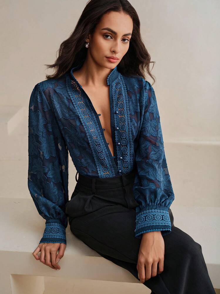 Anewsta Women's Elegant Material Patchwork Sheer Jacquard Collar