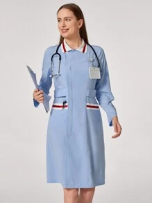 TaskEZ Uniforme de trabajo para mujer de manga larga ajustado con bloques de color y bolsillo