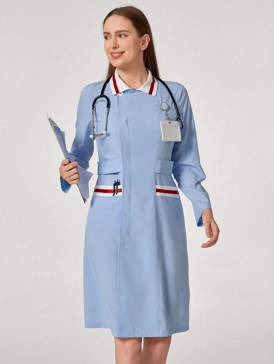 TaskEZ Women's Fitted Long Sleeve Color Block Pocket Work Uniform - Baby Blue - View 1