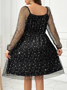 SHEIN Clasi Damen Kleid in Große Größen, langärmelig, mit Muster, Lässig, Mesh-Material