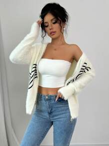 SHEIN Unity Women Casual Wave Pattern Zip-Up Fluffy Hooded Cardigan Sweater, Autumn/Winter Fall Cloth For Women - Beige - View 4