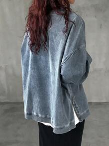 FRIFUL 女士秋季休闲牛仔宽松圆领落肩长袖口袋衬衫，秋季女装 - 藍色 - 查看 6