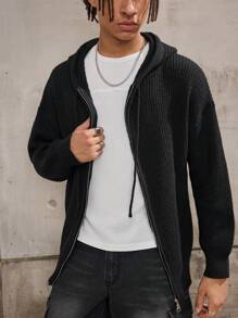 Forever 21 Men's Boxy Oversized Zip Through Hoodie Cardigan In Black Fall/Winter - Black - View 4