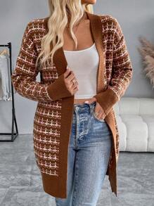 SHEIN Unity Cardigan Longgar Wanita Kasual Motif Kotak-kotak dengan Bukaan Depan - Coffee Brown - View 6