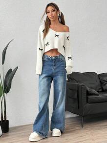 Flirla 1pc Women Loose V-Neck Casual 3D Bow Knit Sweater,Three Quarter Sleeve Tops