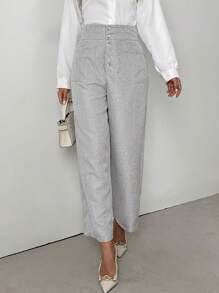 SHEIN Clasi 女士纯色前扣阔腿宽松休闲长裤 - 灰色 - 查看 3
