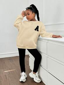 SHEIN Leap Crew Tween Girls Loose Casual Letter Patch Dropped Shoulder Round Neck Hoodie And Slim Fit Pants Set - Apricot - View 6