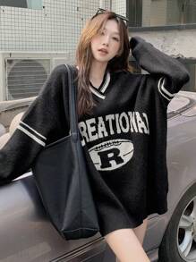 DAZY 女士宽松V领字母图案落肩长袖毛衣，秋冬，长袖上衣，秋季女装