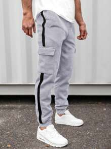 SHEIN Teen Boys 2 Pieces Casual Outfit Set - Includes Striped Sweatpants With Pockets & Drawstring Waist, Suitable For Fall, Winter, Casual, Sports, Birthday, And More - Grey And Black Colors