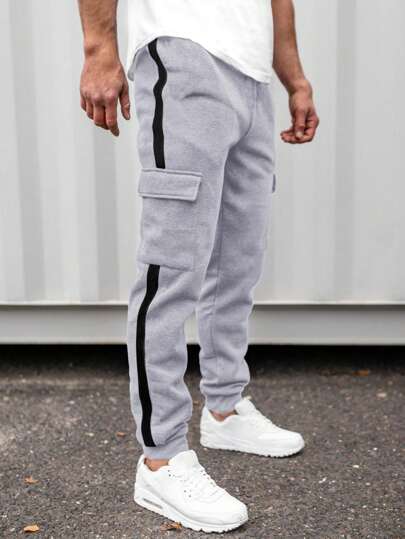 SHEIN Tween Boy Casual Loose Fit Gri închis Floral cu buzunare cu bandă neagră Jogger Pantaloni de trening, potrivit pentru școală, acasă, ocazional, sport, petrecere de aniversare, ieșiri, design versatil și simplu