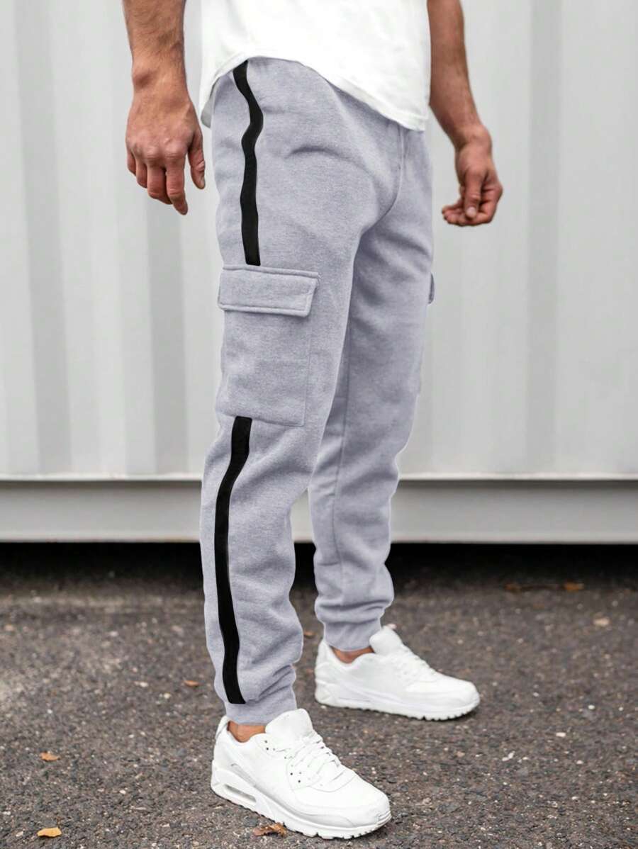 SHEIN Teen Boys 2 Pieces Casual Outfit Set - Includes Striped Sweatpants With Pockets & Drawstring Waist, Suitable For Fall, Winter, Casual, Sports, Birthday, And More - Grey And Black Colors