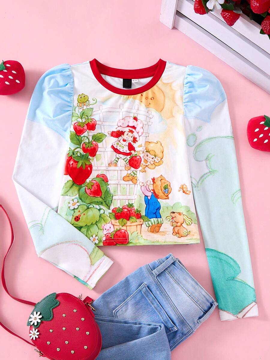 Strawberry Shortcake X SHEIN Tween Girl 可爱草莓印花甜美清新长款羊腿袖 T 恤 - 彩色 - 查看 1