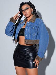 Plus Size Women Autumn Color Block Lapel Long Sleeve Single Breasted Short Casual Denim Thermal Jacket Thickened Denim