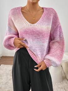 Chiquease Sweter damski z dekoltem w serek ombre, długimi rękawami i opadającymi ramionami, luźny, na jesień/zimę, dzianinowy - Różowy - Zobacz 1