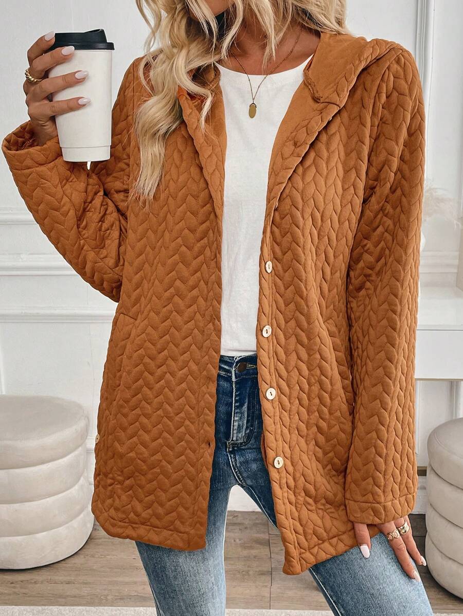 SHEIN Unity Casual Textured Button-Up Loose Hooded Jacket, Autumn - Coffee Brown - View 1
