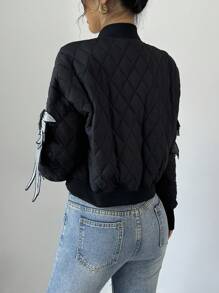 Chiquease 女士休闲刺绣细节拉链加厚棉服外套，轻便秋冬装 - 黑色 - 查看 2