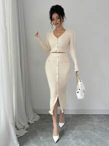 RosyDaze 2pcs/Set Casual Solid Color Cardigan And Knitted Skirt Set, For Spring & Fall - Apricot - View 6