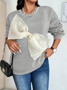 Calvaya Plus Size Contrast Big Bow Decor Sweatshirt, Autumn & Winter Pullover Fall - Grey - View 5
