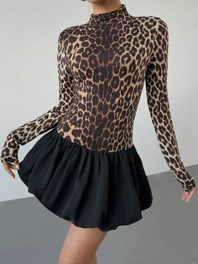 Aloruh Blusa de cuello alto con estampado de leopardo y vestido mini con volantes y empalmado, nuevo diseño elegante para mujer en otoño/invierno