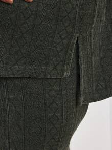 SHEIN Bộ 2 áo bầu cổ tròn trễ vai và chân váy bó sát eo có thể điều chỉnh màu trơn, Thu/Đông - xanh quân đội - Xem 6
