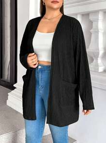 SHEIN Essnce 大码女式秋冬休闲时尚宽松黑色纹理面料口袋开衫外套、秋季女装、女式外套、曲线上衣 - 黑色 - 查看 5