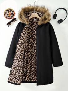 Teen Girls Reversible Jacket With Leopard Print & Black Design, Hooded With Fluffy Trim - Black - View 1