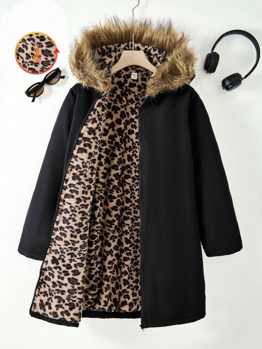 Teen Girls Reversible Jacket With Leopard Print & Black Design, Hooded With Fluffy Trim - Black - View 1