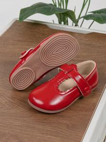Girls Red Mary Jane Shoes Patent T Strap Flats Princess Dress Shoes With Scalloped Detail Party Shoes - Red - View 5