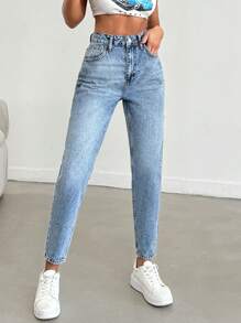 EURMUSE Petite High Waist Snow Wash Mom Jean - Mediumtvätt - Visa 4