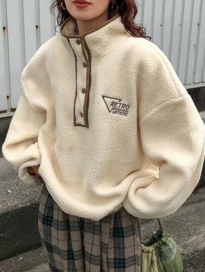 FRIFUL Women Casual Letter Embroidery Contrast Trim Oversized Turtleneck Teddy Fleece Sweatshirt, Autumn/Winter,Long Sleeve Tops,Thermal Lined