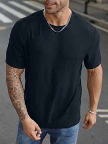 Manfinity Homme 男式大码休闲纯色圆领短袖 T 恤，夏季 - 藏蓝色 - 查看 3