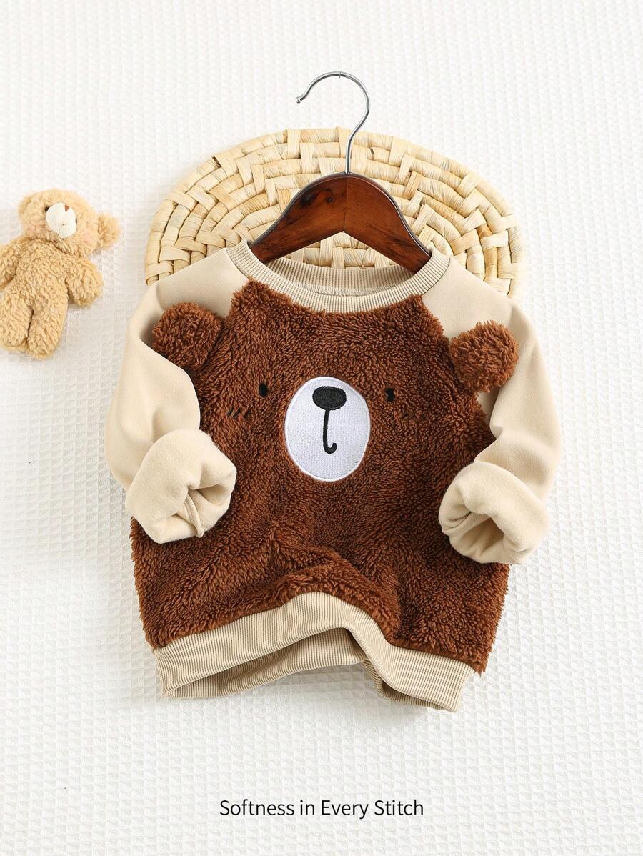 Cozy Pixies 男婴撞色熊图案羊毛加厚圆领插肩袖套头衫 - 棕色 - 查看 1