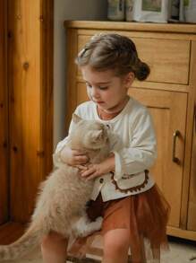 SHEIN 2 件装女婴花朵印花泰迪开衫和薄纱连衣裙套装，春秋 - 彩色 - 查看 3