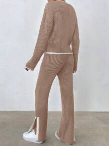 EURMUSE 2pcs Set: Contrast Trimmed Front Button Rib Knit Long Sleeve Top And Slit Leg Knit Pants - Mocha Brown - View 4