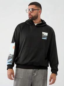 Manfinity NXTstreet Felpa con cappuccio casual con taschino e stampa paesaggistica, vestibilità ampia per uomo taglia forte