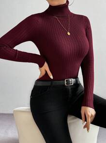 EMERY ROSE 简约高领修身针织衫，长袖上衣，秋冬款 - 酒紅色 - 查看 4
