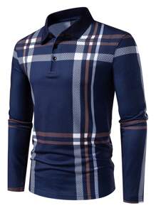 Manfinity Homme Men Casual Business Plaid Button-Up Collar Long Sleeve Work Polo Shirt, Business Wear For Autumn, Boy Friend Gifts, For Husband