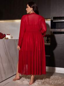 Plus Size Sexy Illusion Plunging V-Neck Slip Dress And Sheer Mesh Robe Set, Fall Clothes - Burgundy - View 2