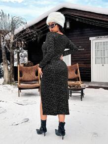 Flirla Plus Size Sparkly Split Hem Bodycon Dress, Autumn/Winter Fashion - Black - View 6