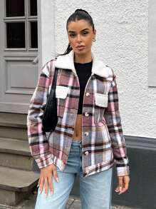 SHEIN EZwear Femei, culoare contrastantă, guler pufos, cu mânecă lungă, buzunar cargo, în carouri, toamnă/iarnă - Kaki - Vizualizare 1